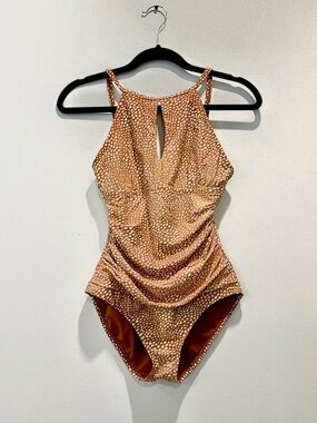 Ellen Tracy Keyhole Ruched Orange Brown White Dot High Neck One Piece Swimsuit
